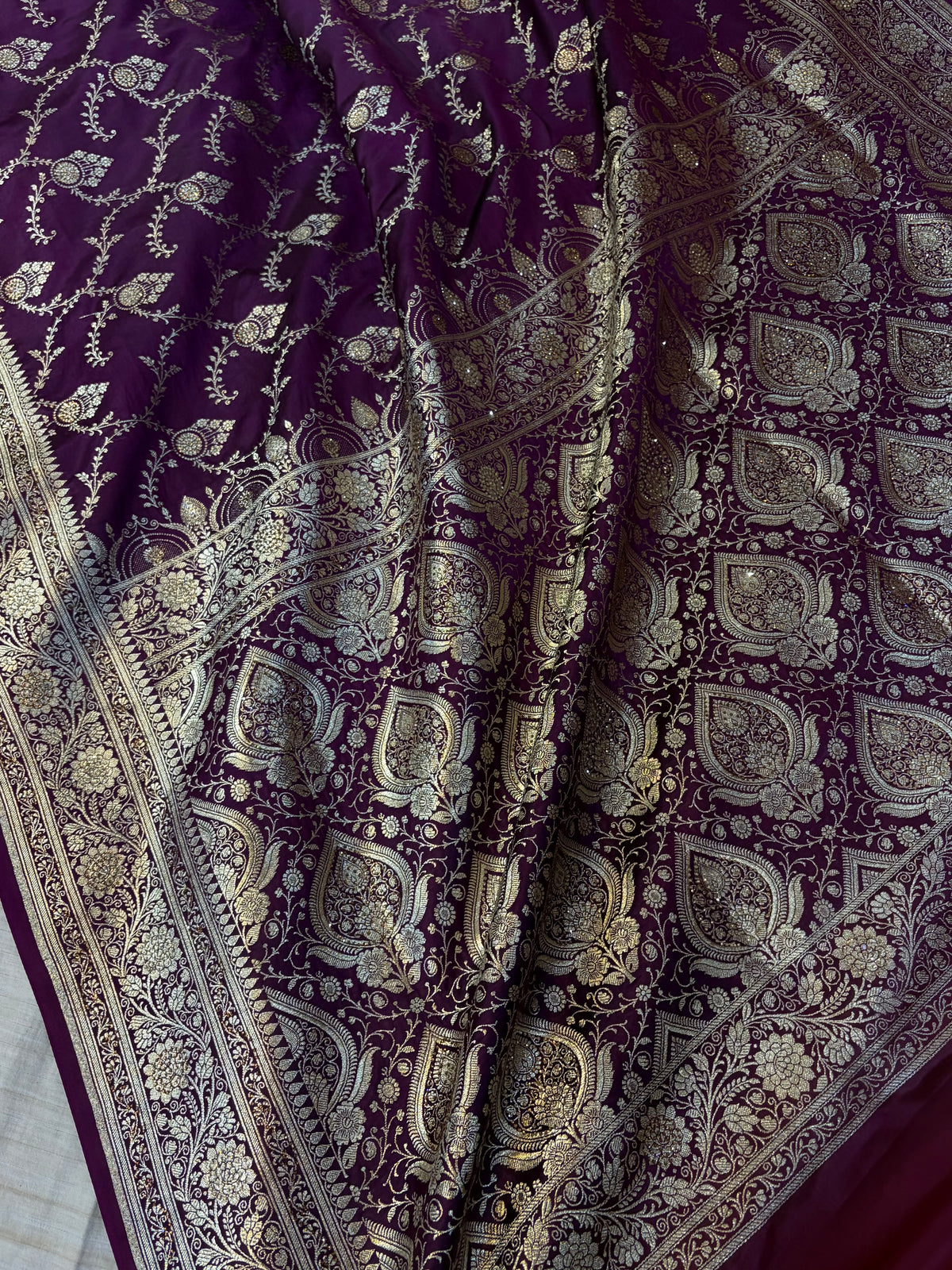 Bridal Banarasi satin Katan silk sarees in dark wine colour with all over Swarovski work