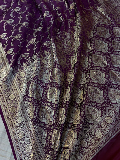 Bridal Banarasi satin Katan silk sarees in dark wine colour with all over Swarovski work