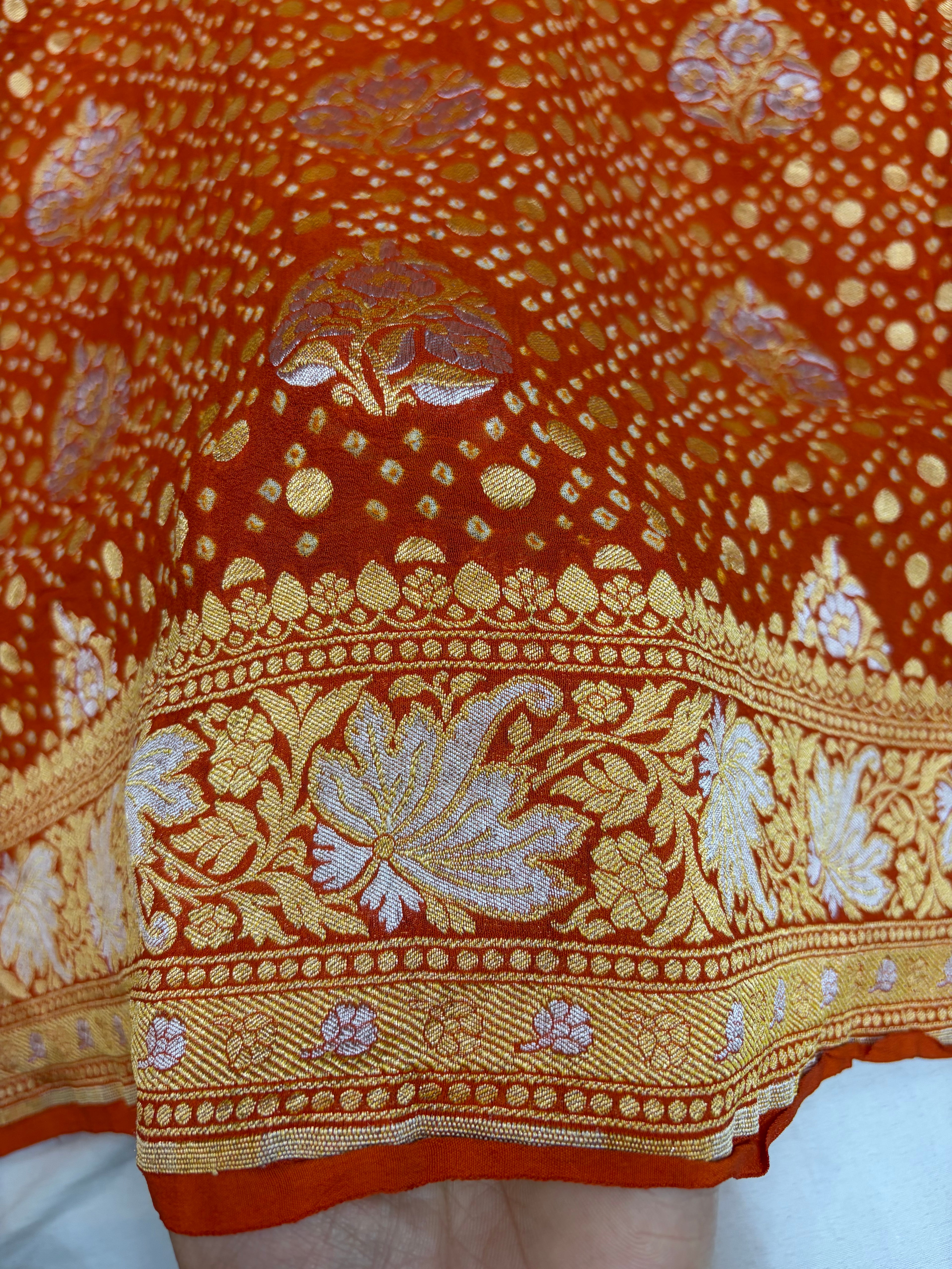Pure georgette bandhani saree in rust orange