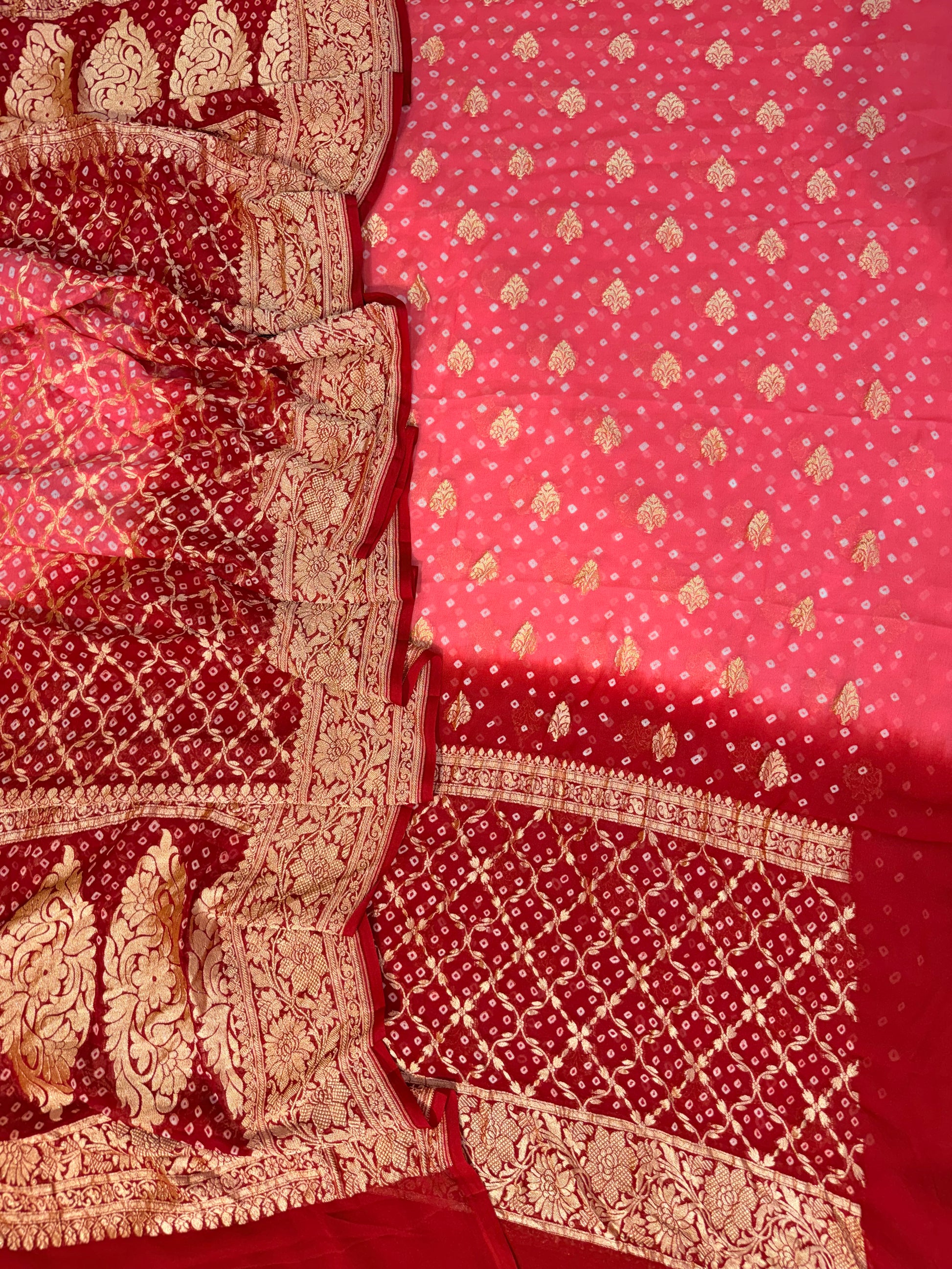 Pure georgette bandhani suit in peach with maroon red colour