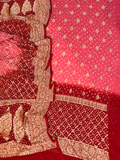 Pure georgette bandhani suit in peach with maroon red colour