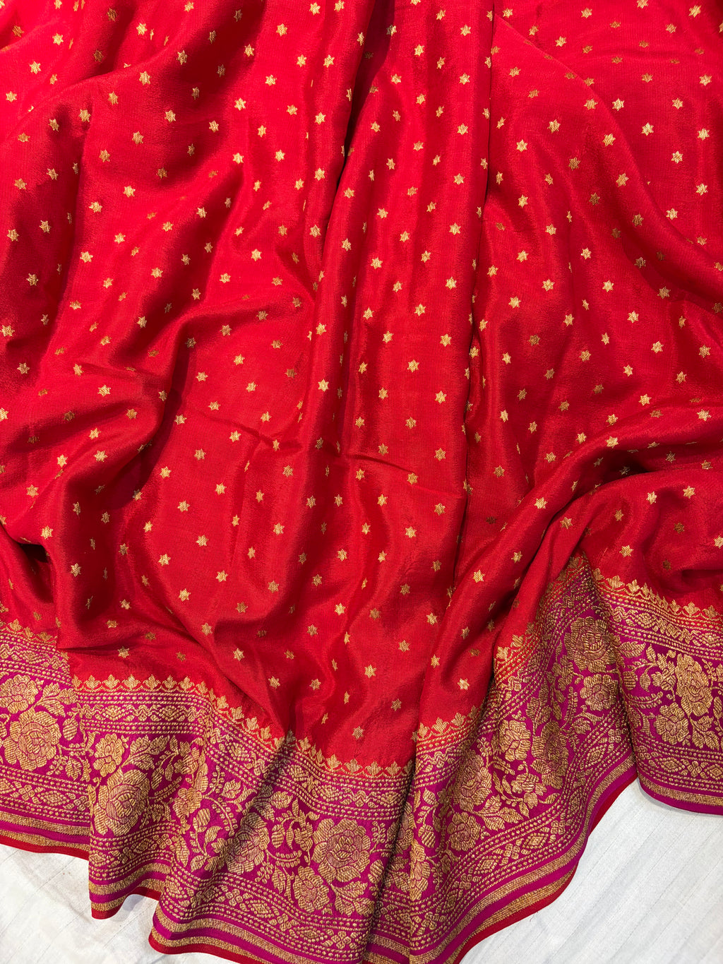 Pure khaddi crepe silk saree in blood red with rani pink colour