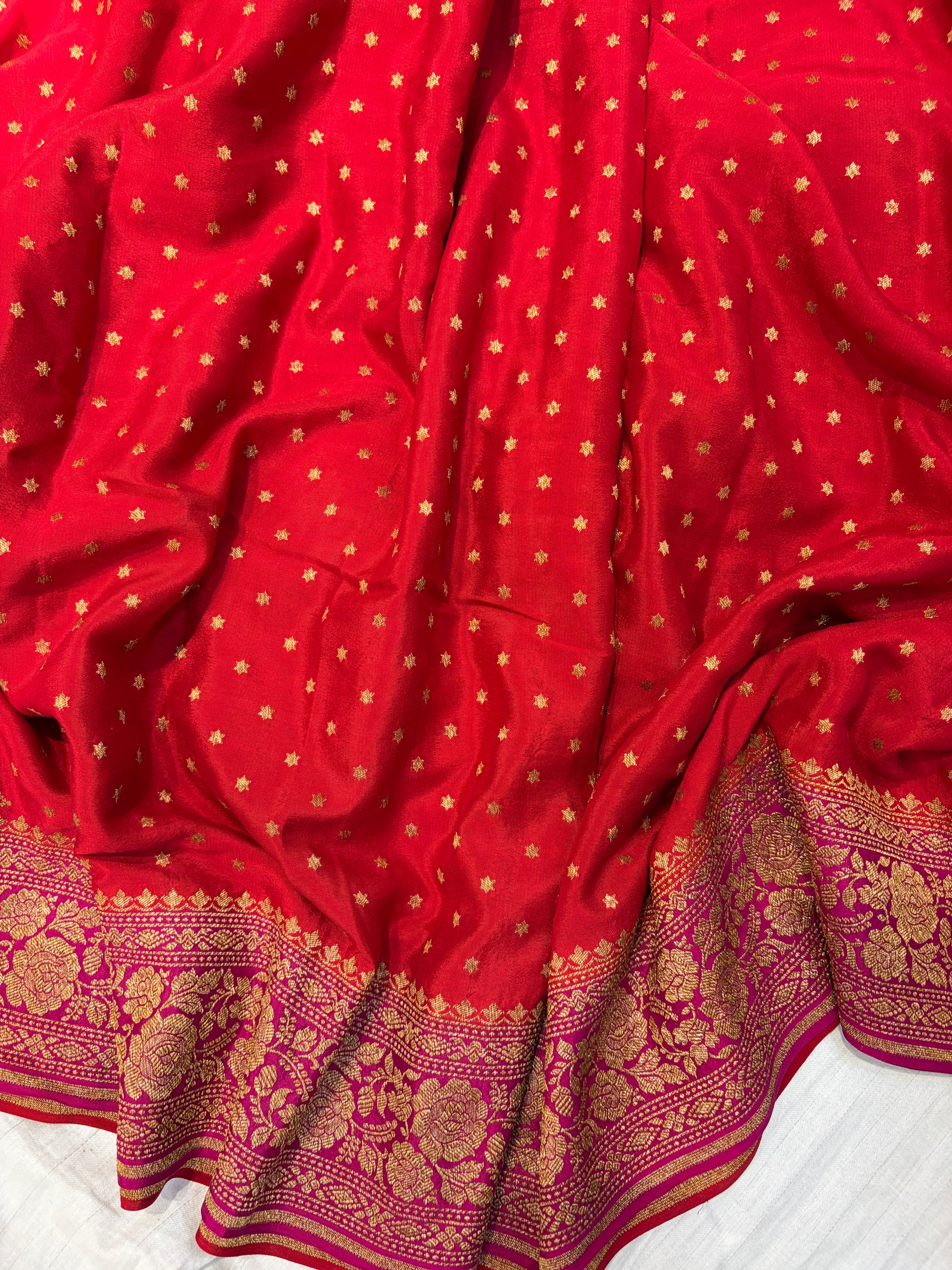 Pure khaddi crepe silk saree in blood red with rani pink colour