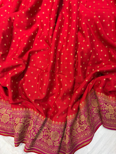 Pure khaddi crepe silk saree in blood red with rani pink colour