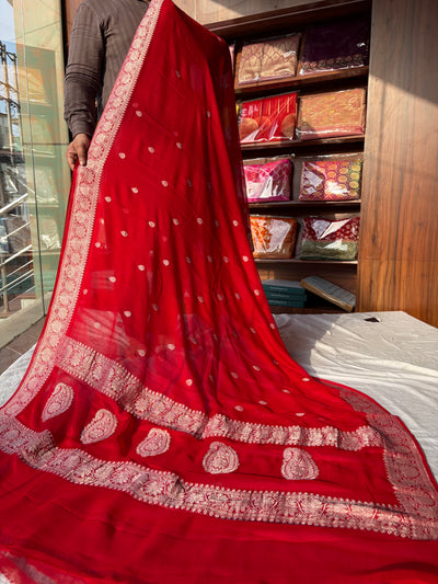 Pure khaddi chiffon saree in red colour