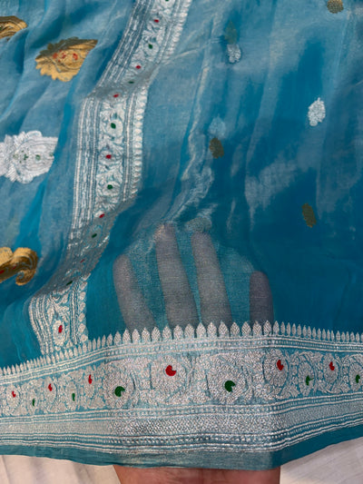PURE KHADDI TISSUE SILK SAREE IN OCEAN BLUE COLOUR