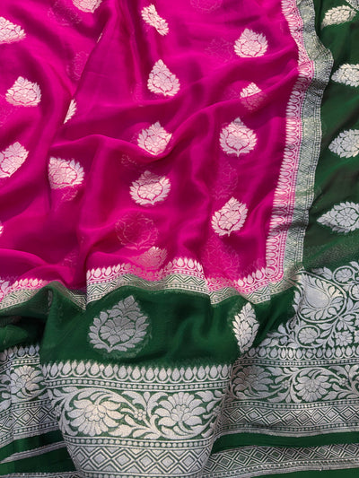 Pure georgette silk saree in temple design in a beautiful combination of Rani with bottle green colour
