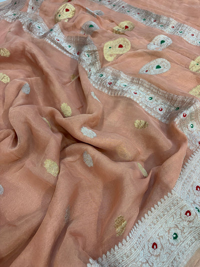 PURE KHADDI TISSUE SILK SAREE IN PEACH COLOUR