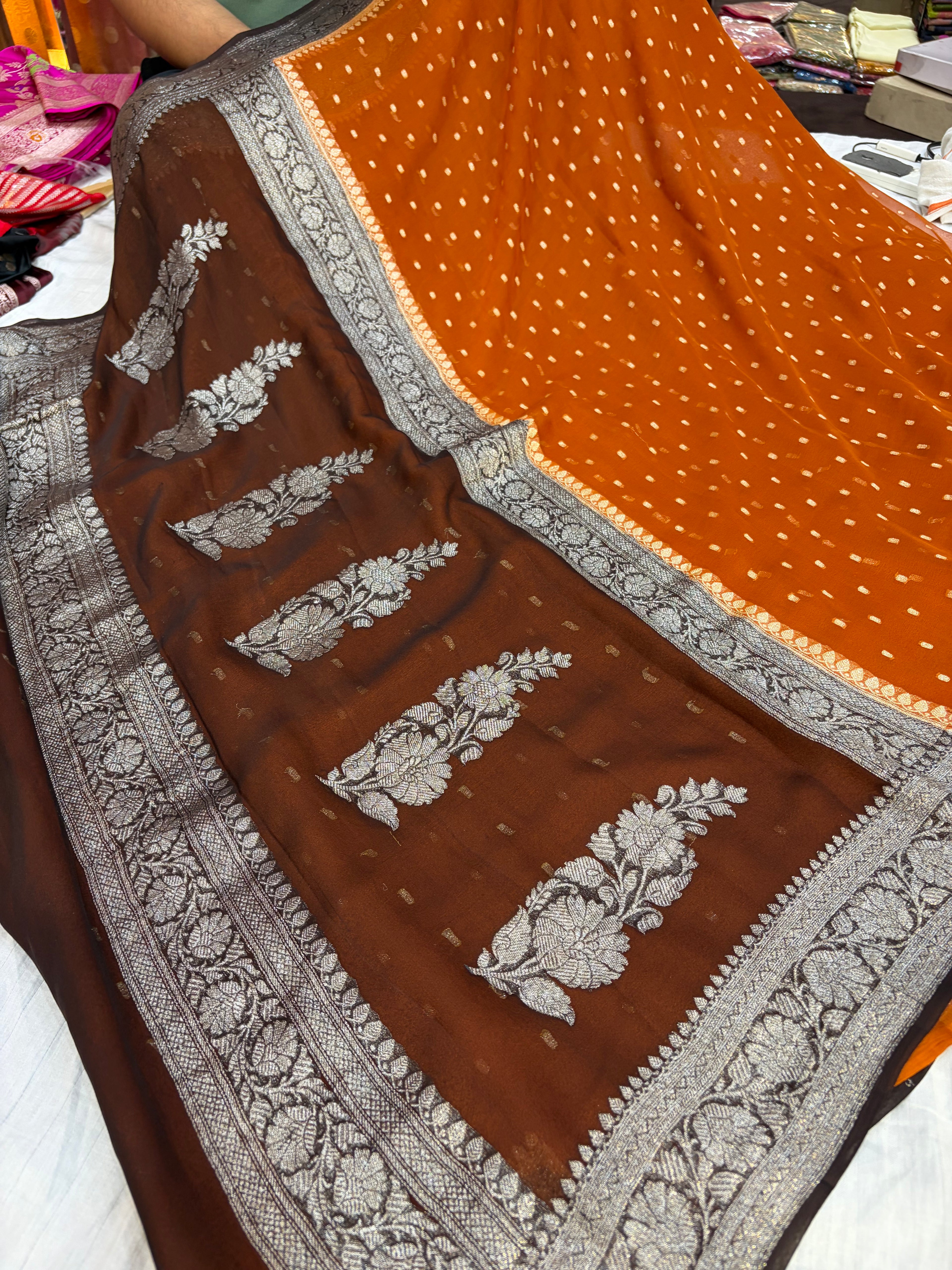 Pure khaddi chiffon chunri buti saree in rust orange with dark chocolate colour