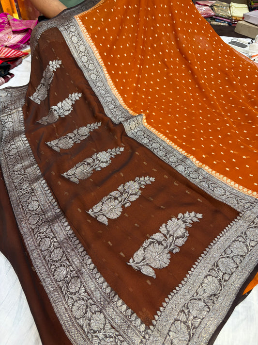 Pure khaddi chiffon chunri buti saree in rust orange with dark chocolate colour