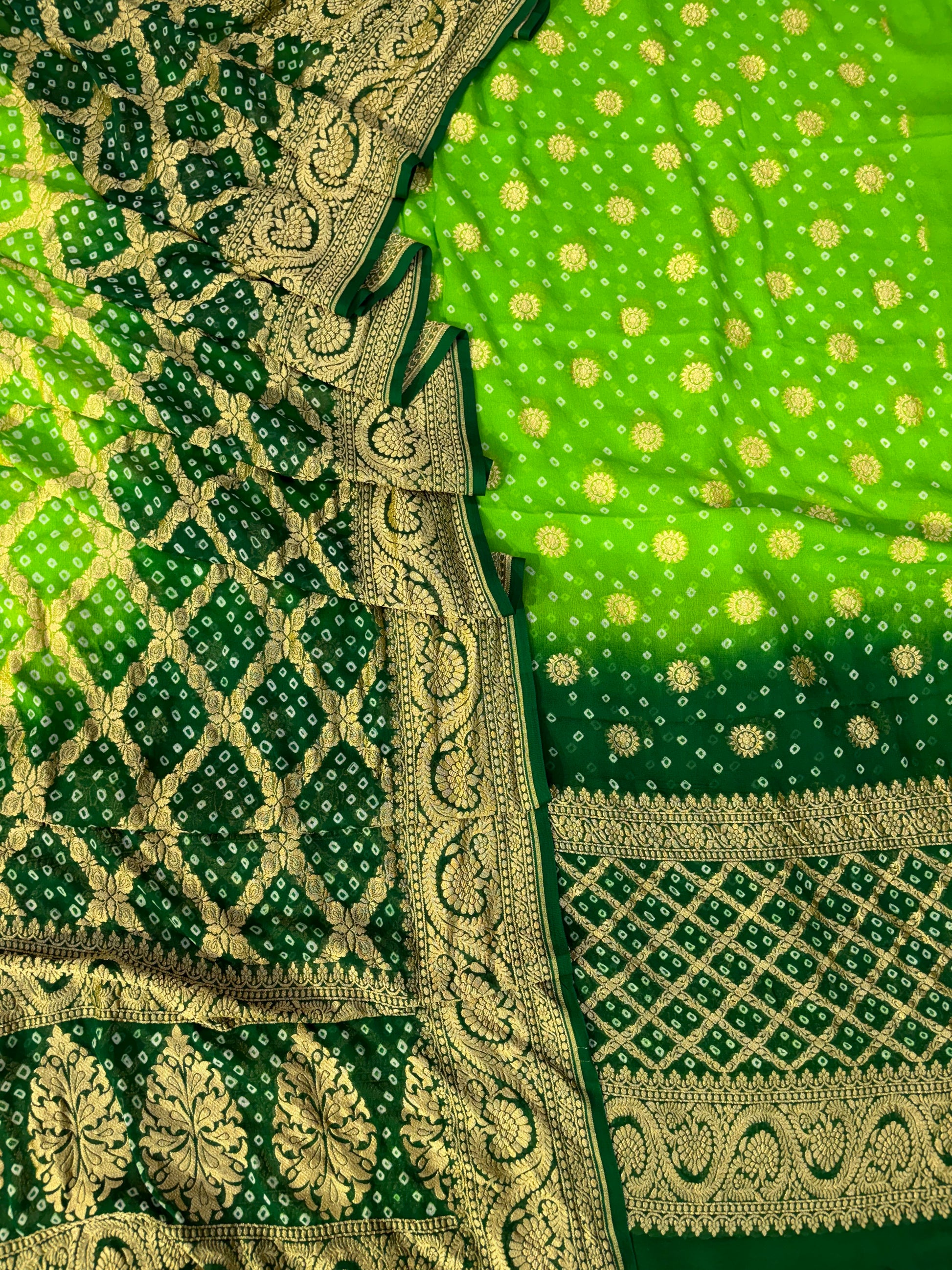 Pure georgette bandhani suit in parrot green with dark bottle green colour