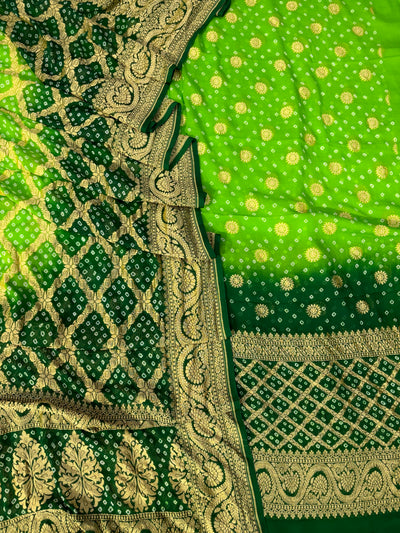 Pure georgette bandhani suit in parrot green with dark bottle green colour