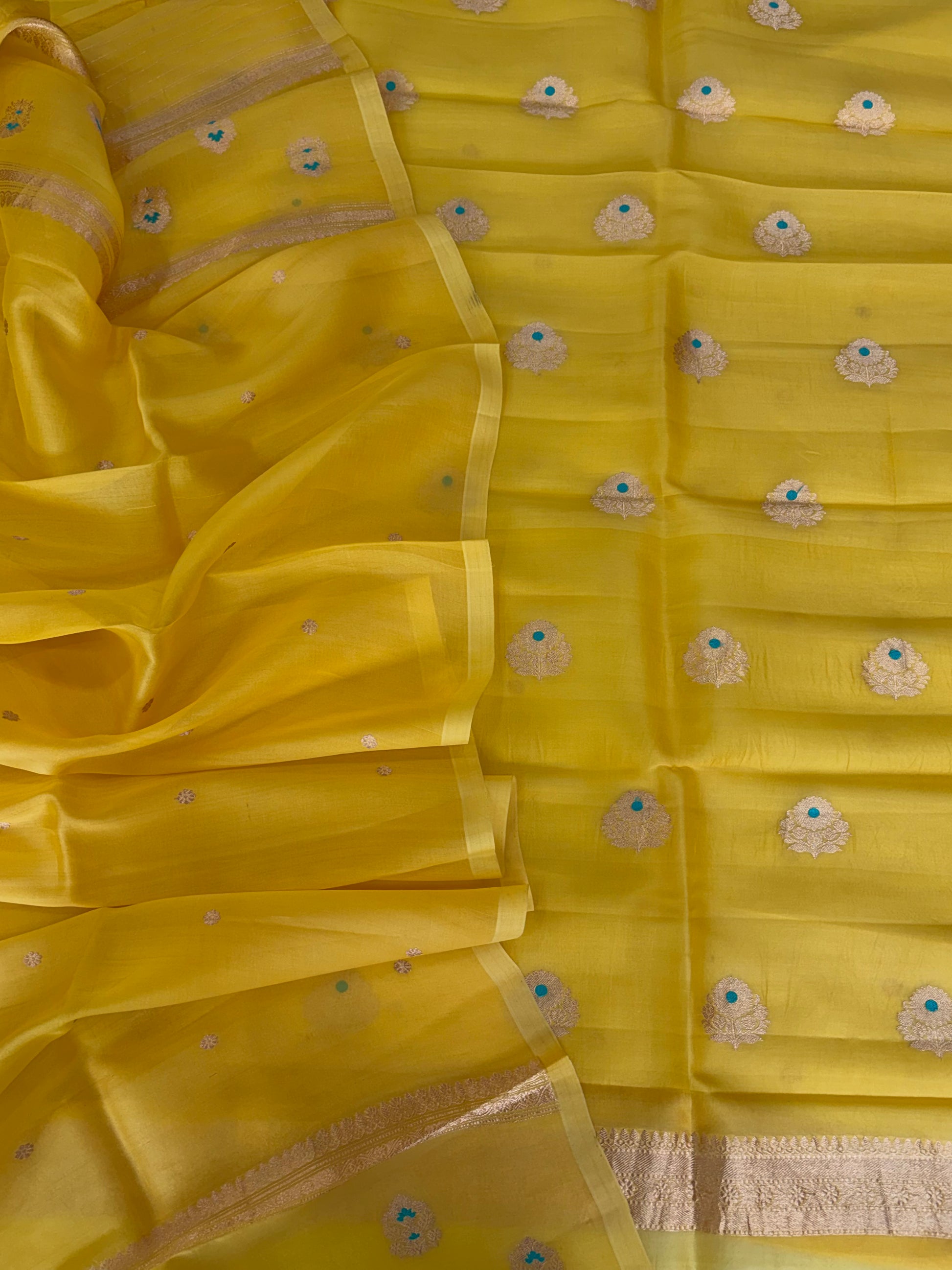 Pure Handloom Kora silk suit set in lemon yellow colour with meenakari work