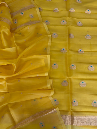 Pure Handloom Kora silk suit set in lemon yellow colour with meenakari work