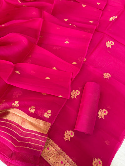 Pure Handloom Kora silk suit set in Rani pink colour with meenakari work
