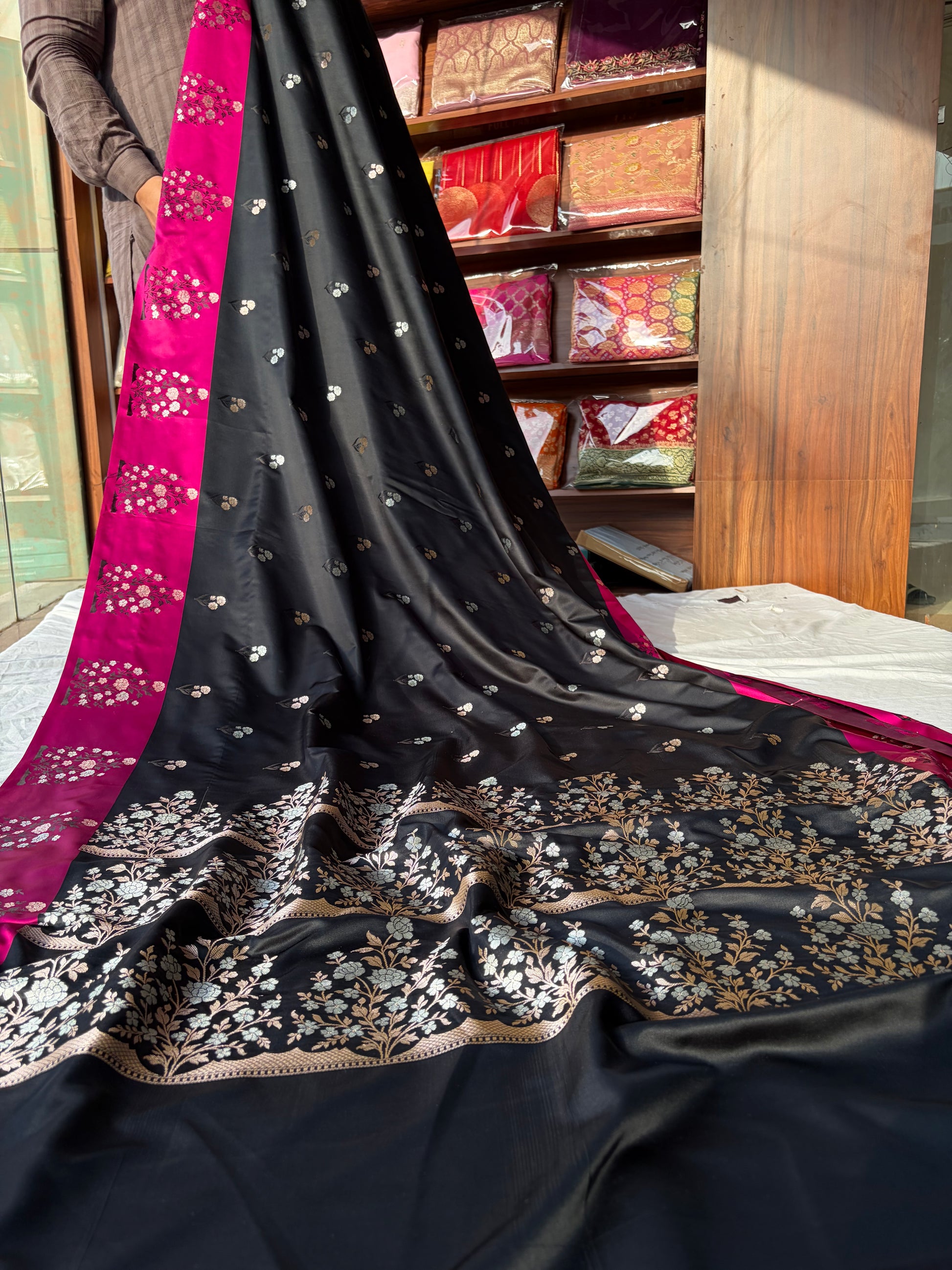 Banarasi Mashru silk saree in black with pink border