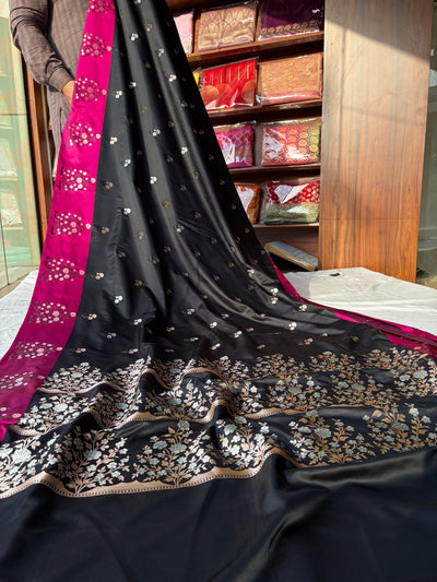 Banarasi Mashru silk saree in black with pink border