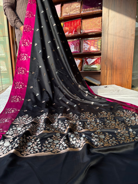 Banarasi Mashru silk saree in black with pink border