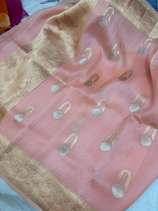 Pure handloom organza silk saree in peach colour
