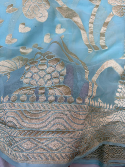 Pure georgette silk saree in pastel sky blue colour