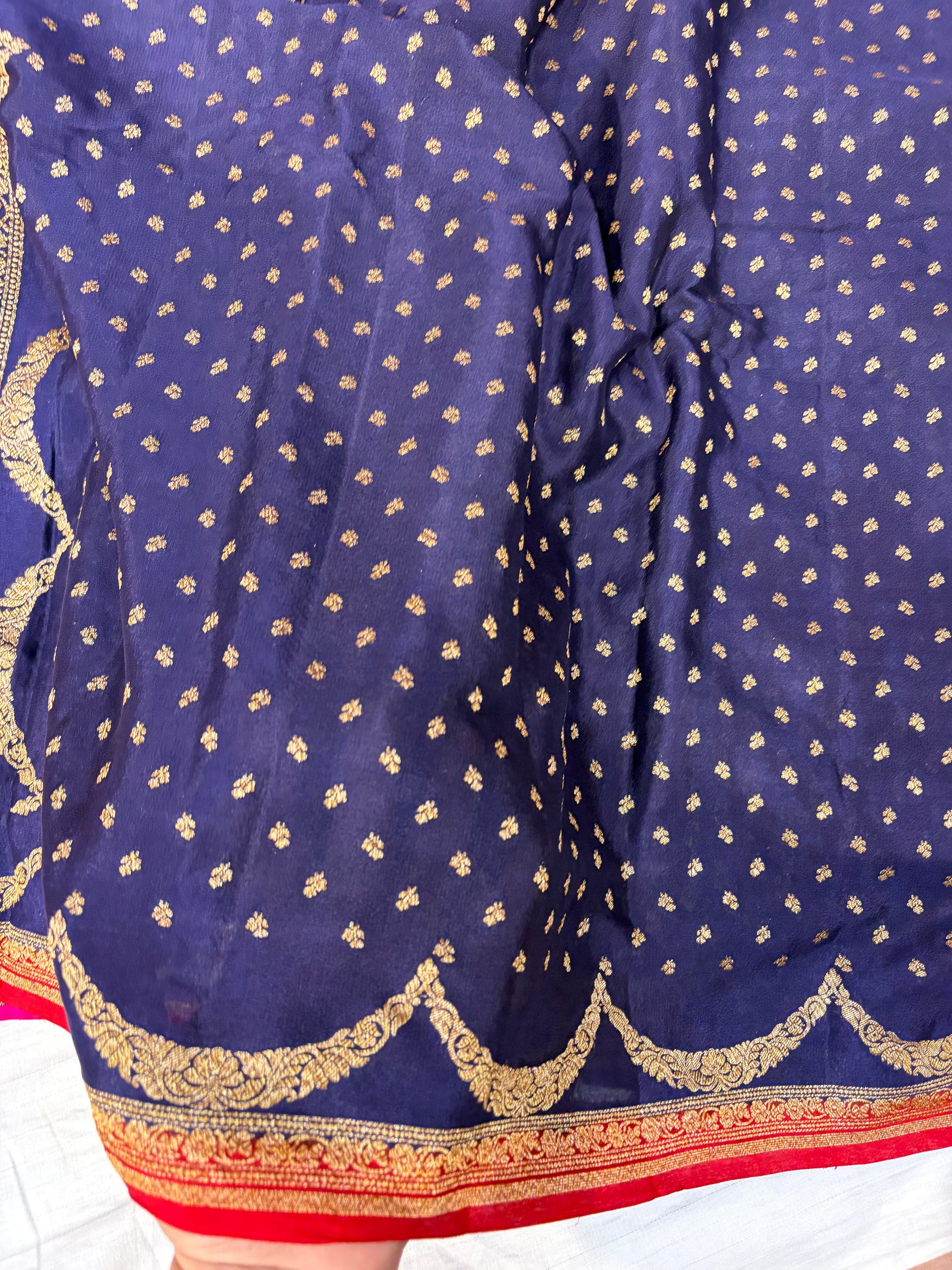Pure khaddi crepe silk saree in navy blue with red colour combination