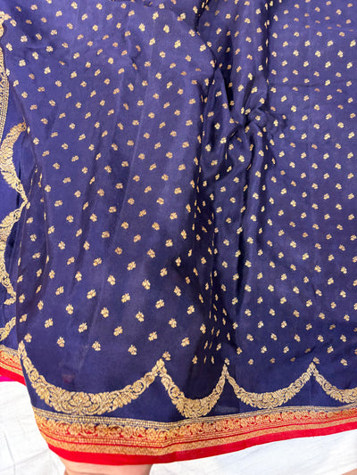 Pure khaddi crepe silk saree in navy blue with red colour combination