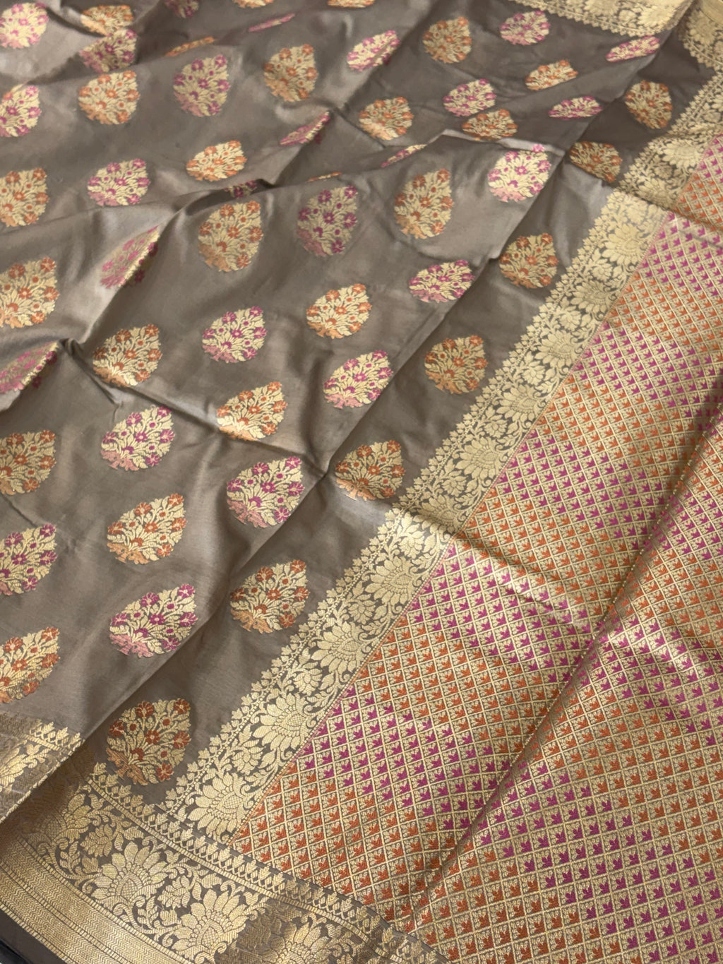 Banarasi katan by katan silk saree in dusty grey colour with multiple meenakari work