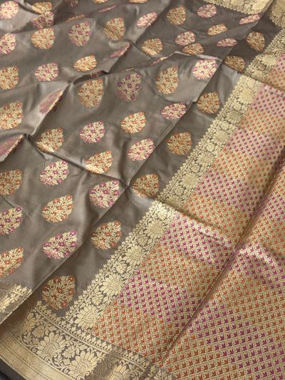 Banarasi katan by katan silk saree in dusty grey colour with multiple meenakari work