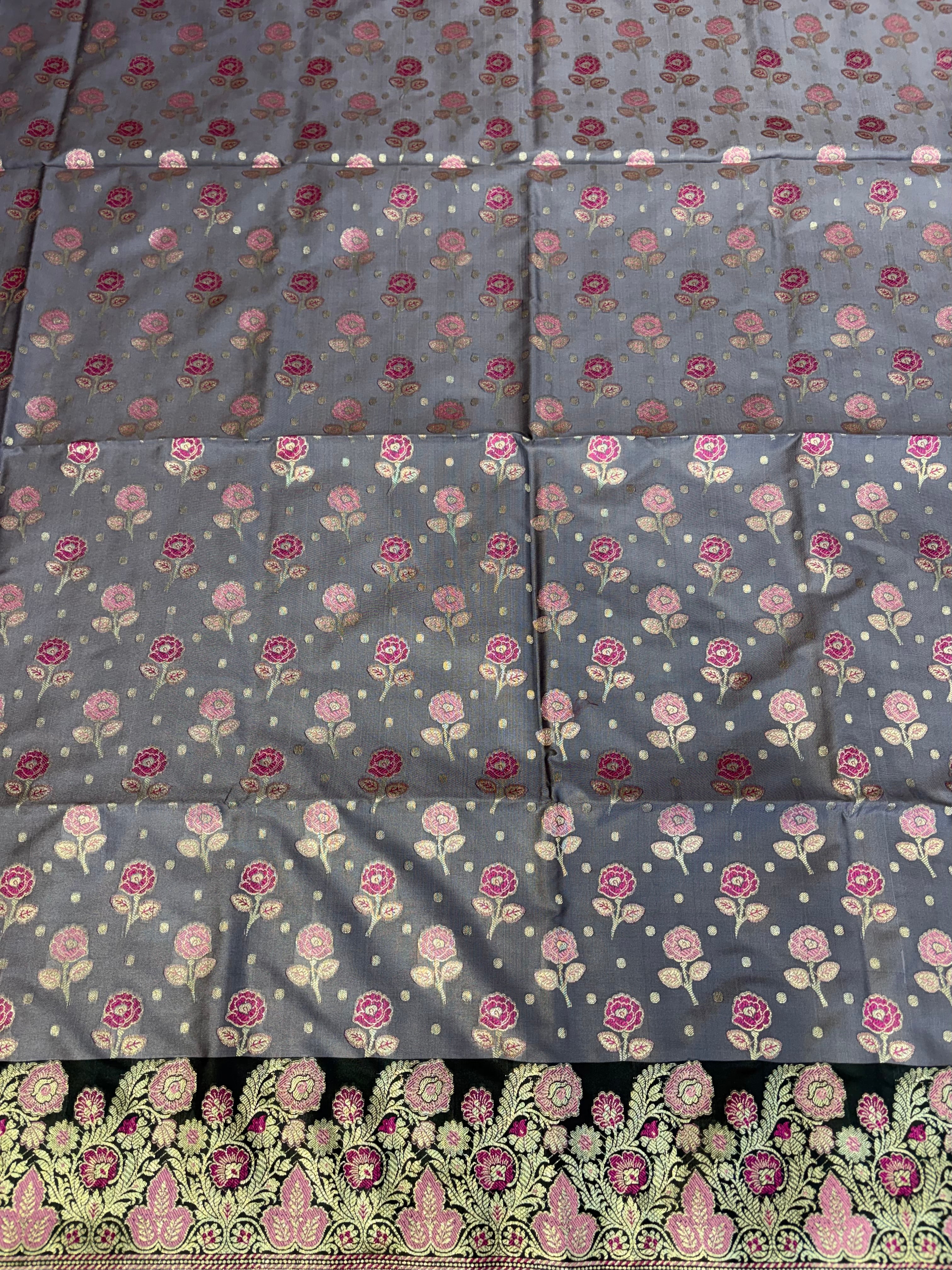 Banarasi soft silk suit in powder  with black colour