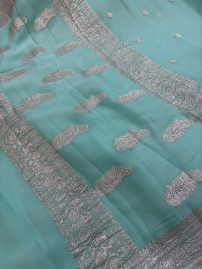 Pure khaddi chiffon saree in sea green colour