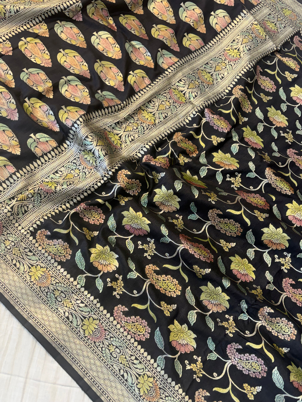 Pure moonga silk saree all over jaal work in black colour