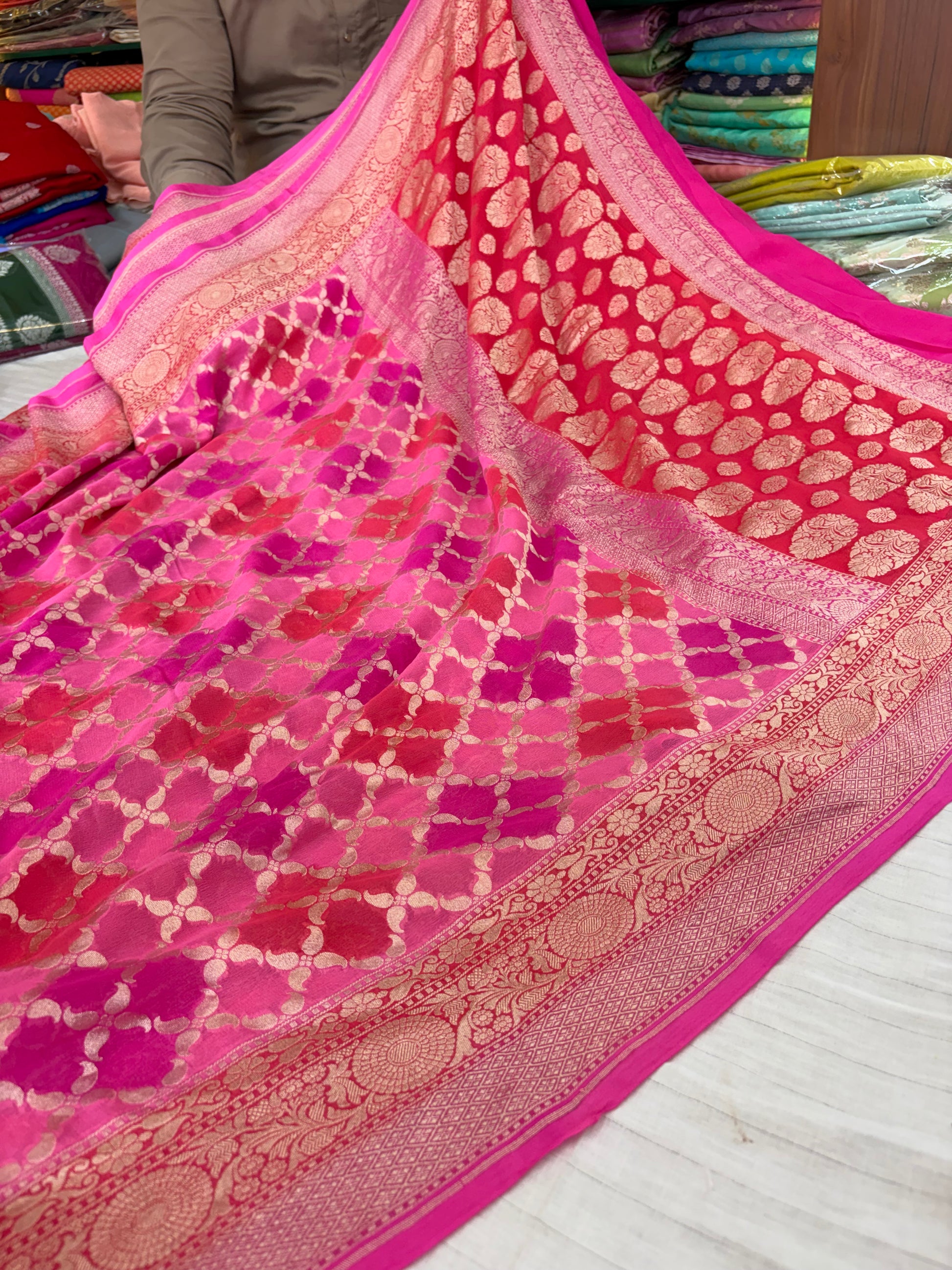Pure Banarasi handloom georgette silk saree in rangkat colour
