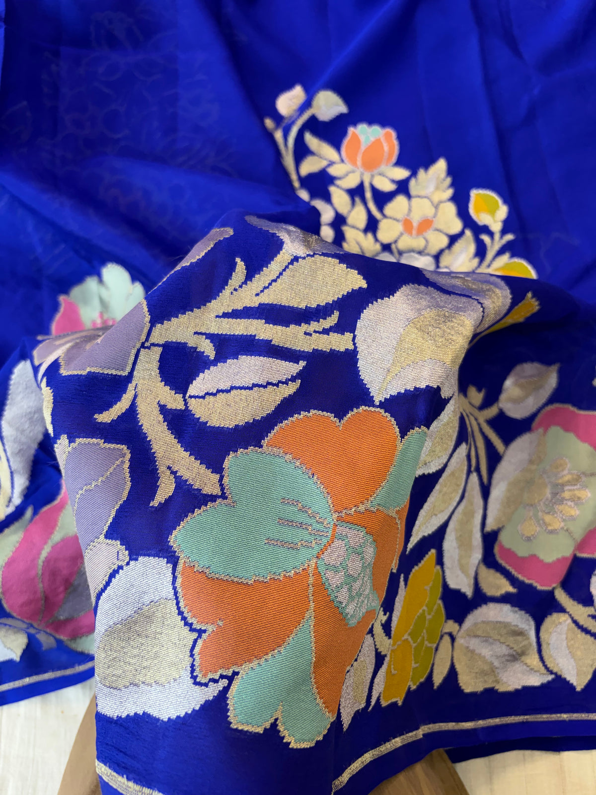 Pure premium georgette banarasi saree multi meena work in royal blue colour