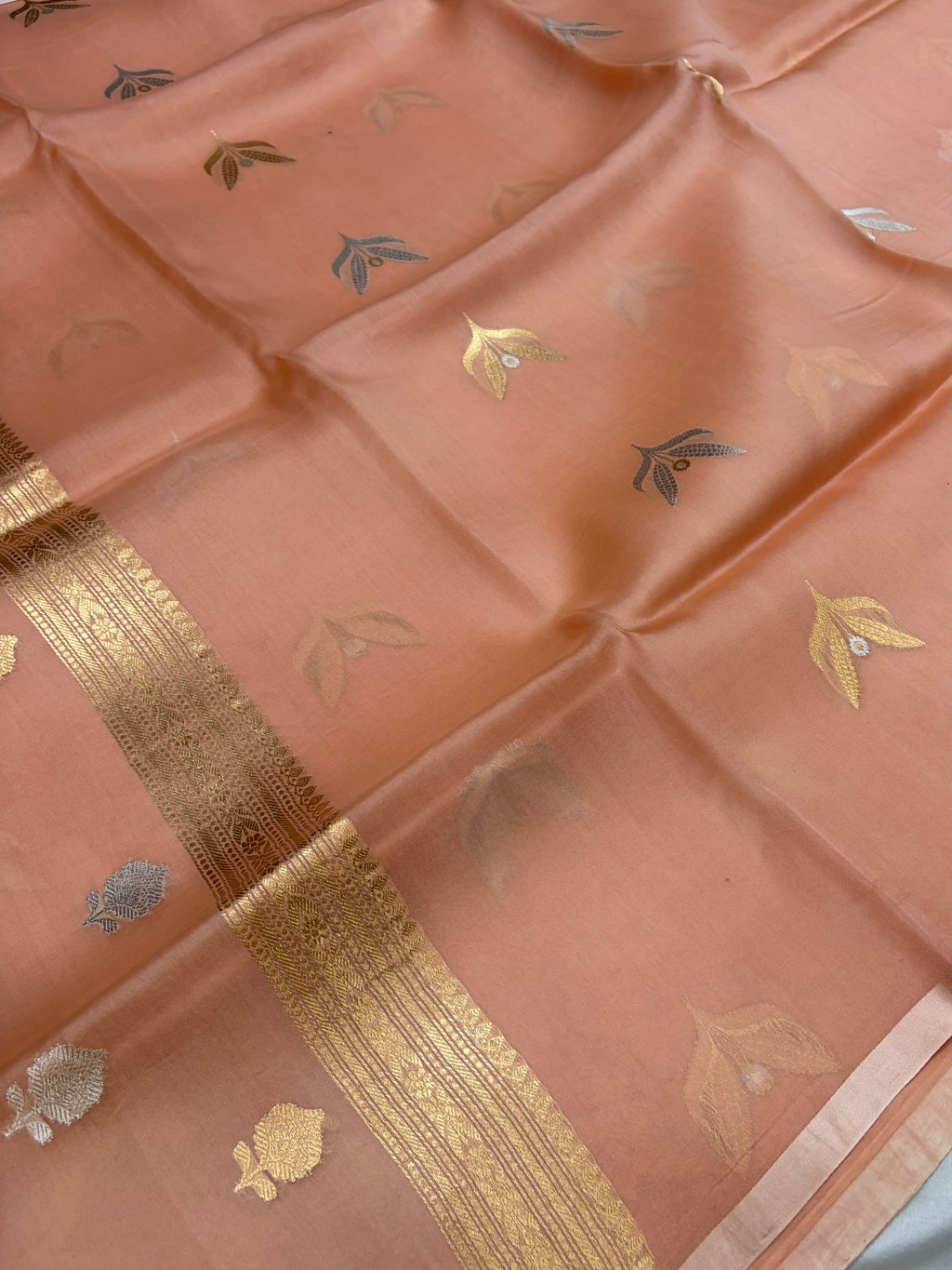Pure handloom organza silk saree in peach colour
