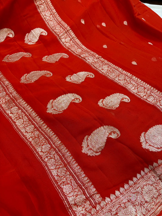 Pure khaddi chiffon saree in rust colour