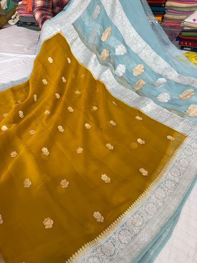 Pure khaddi chiffon saree gold yellow with sea green colour