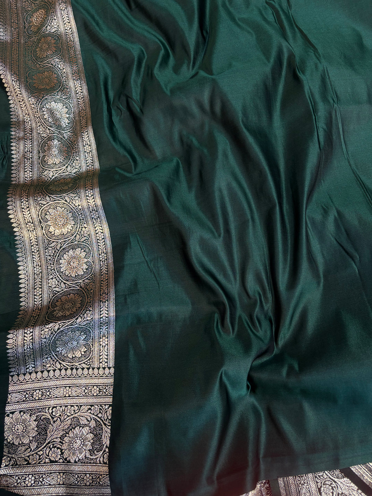 Bridal Banarasi satin Katan silk sarees in bottle geen colour with all over Swarovski work