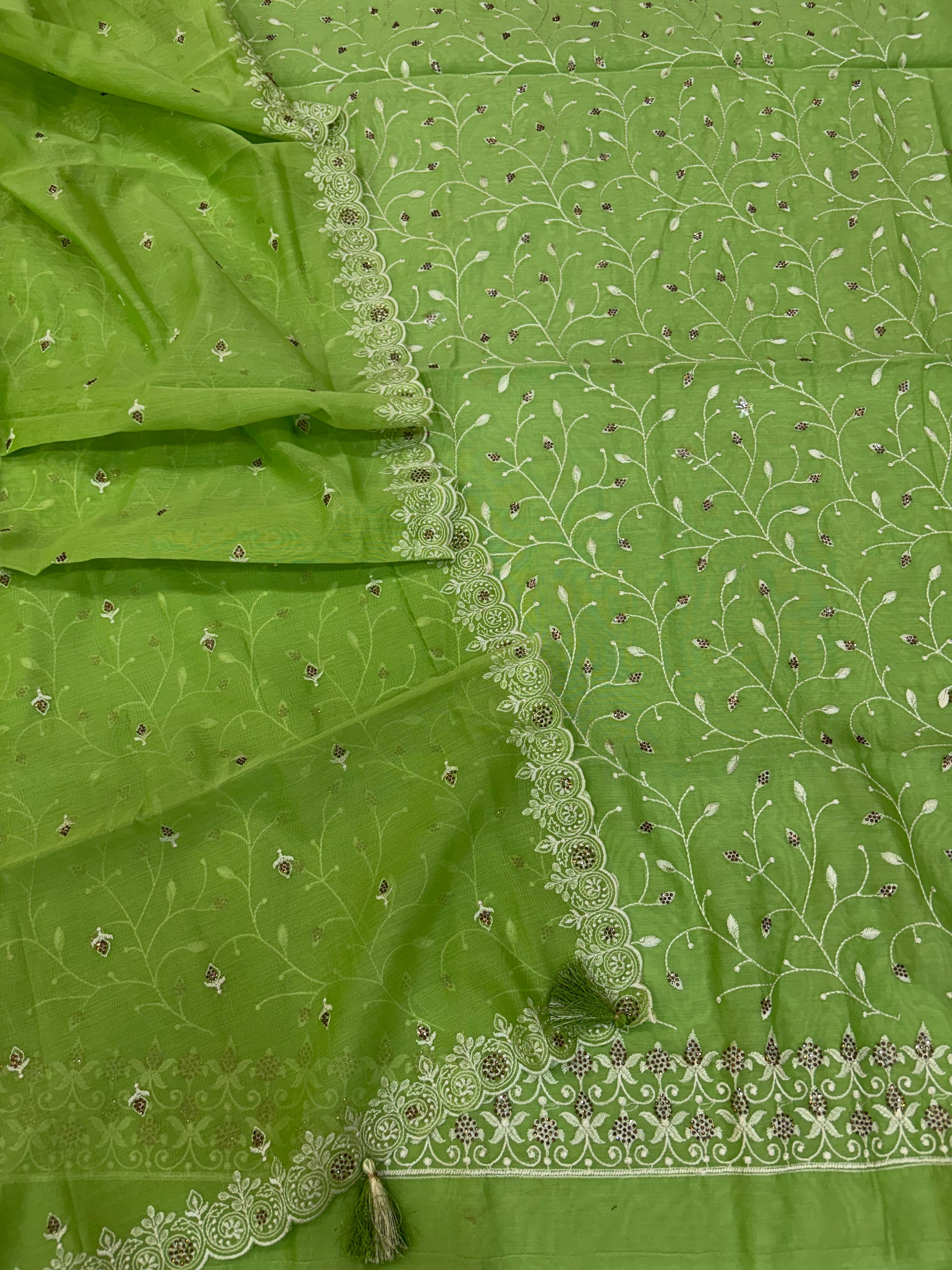 Banarasi pista green soft silk suit with all over embroidery work