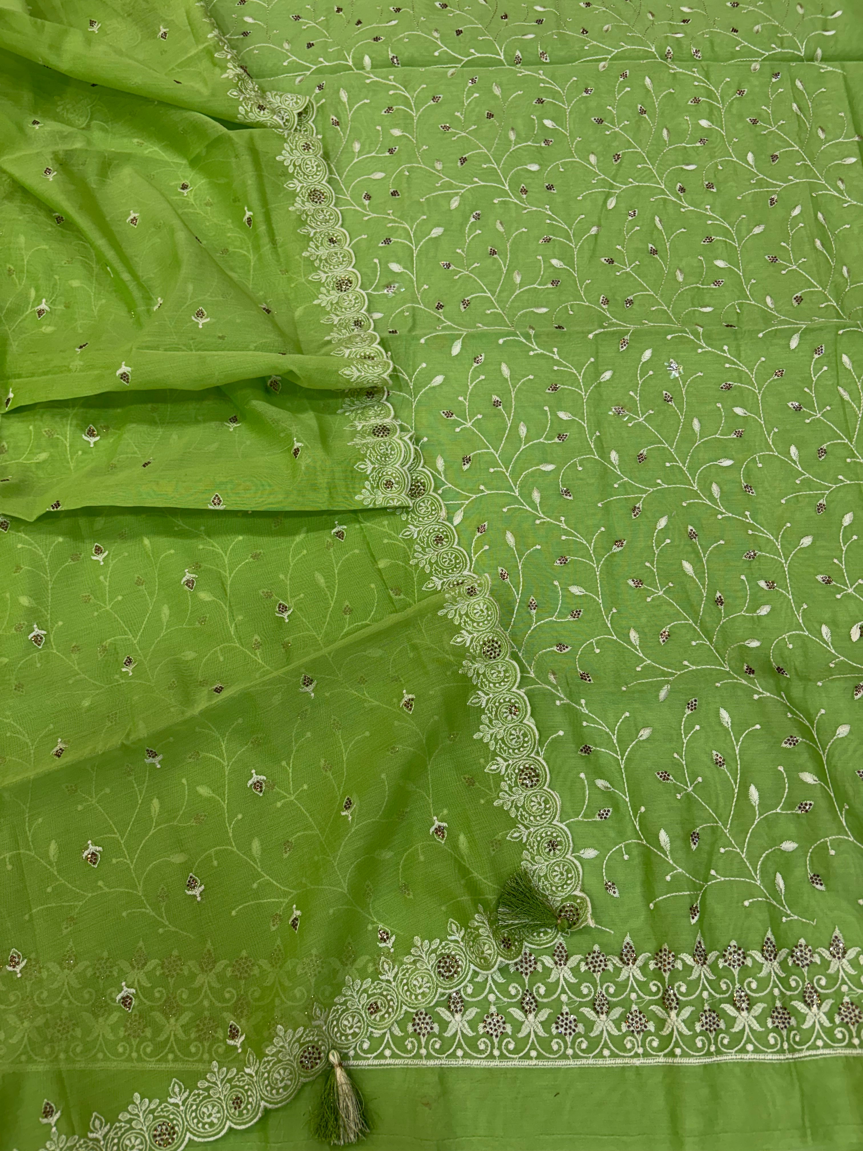 Banarasi pista green soft silk suit with all over embroidery work