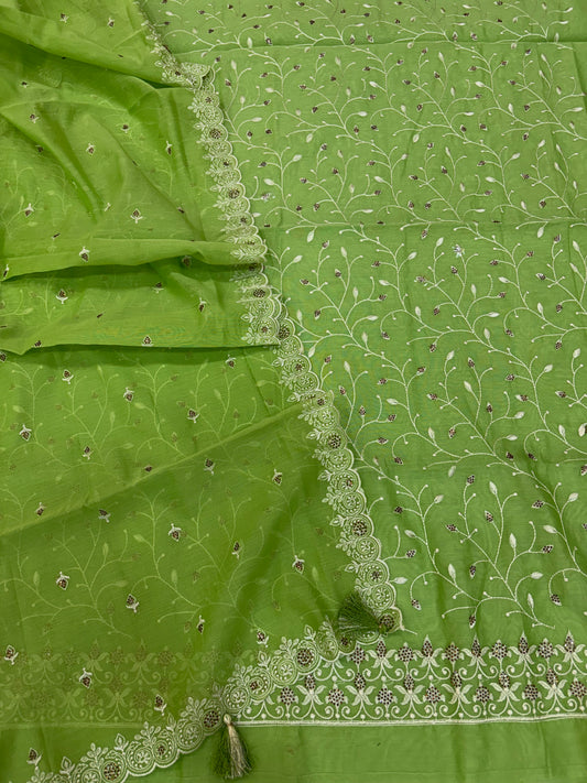 Banarasi pista green soft silk suit with all over embroidery work