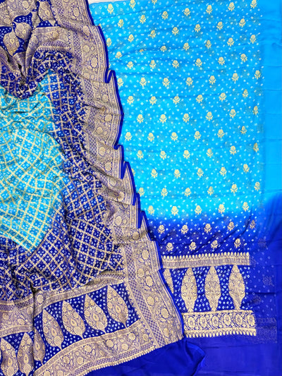 Pure georgette bandhani suit in Firozi with royal blue colour