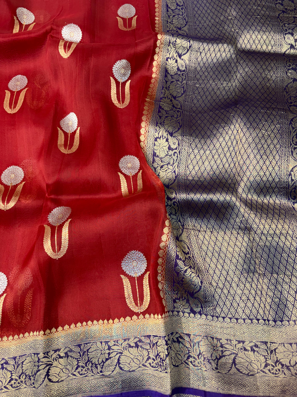 Pure handloom kora silk saree in red with purple colour