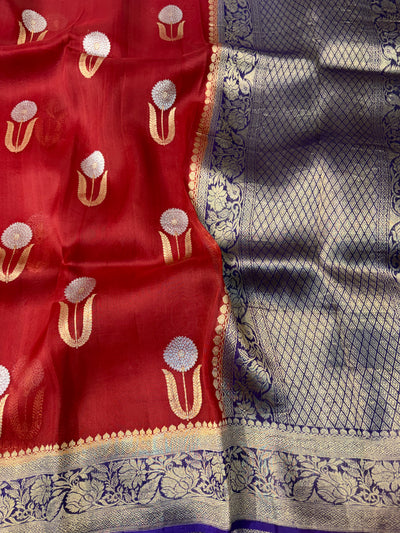 Pure handloom kora silk saree in red with purple colour