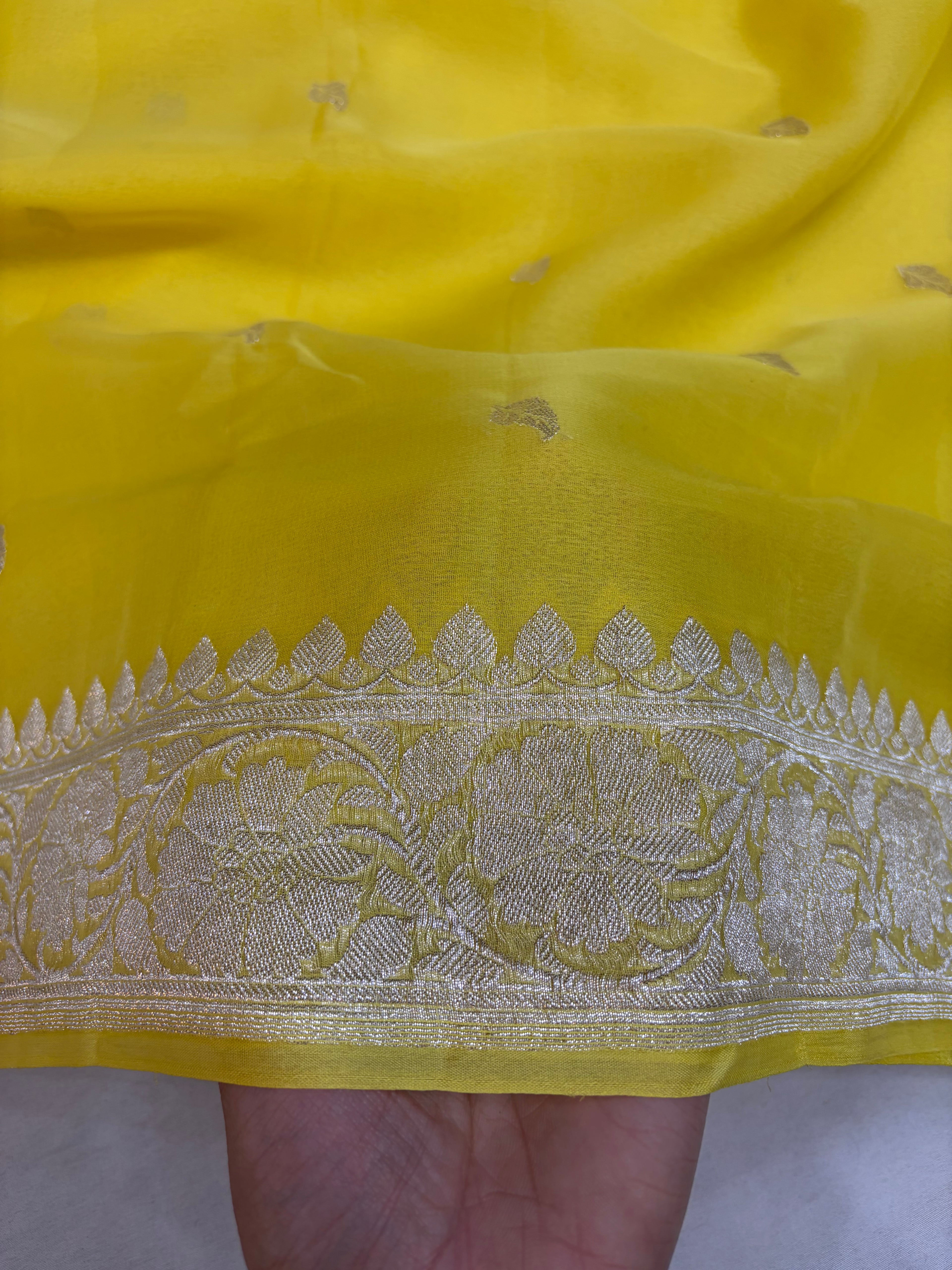 Lemon Yellow  Pure Khaddi Chiffon Banarasi Border Booti Saree