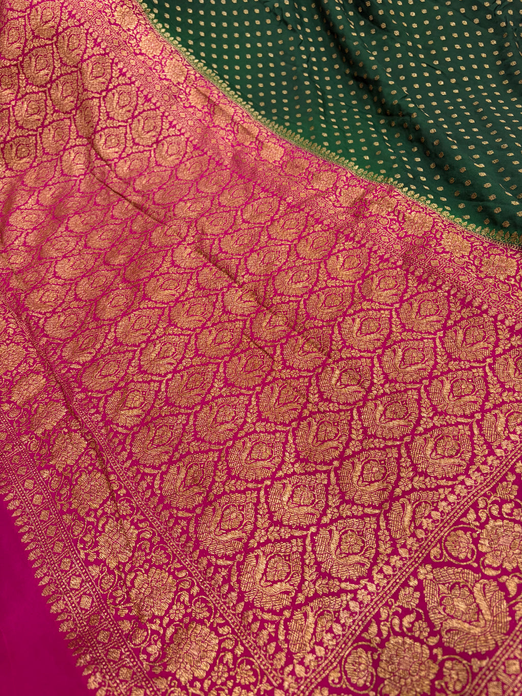 Pure khaddi crepe silk saree in bottle green with rani colour