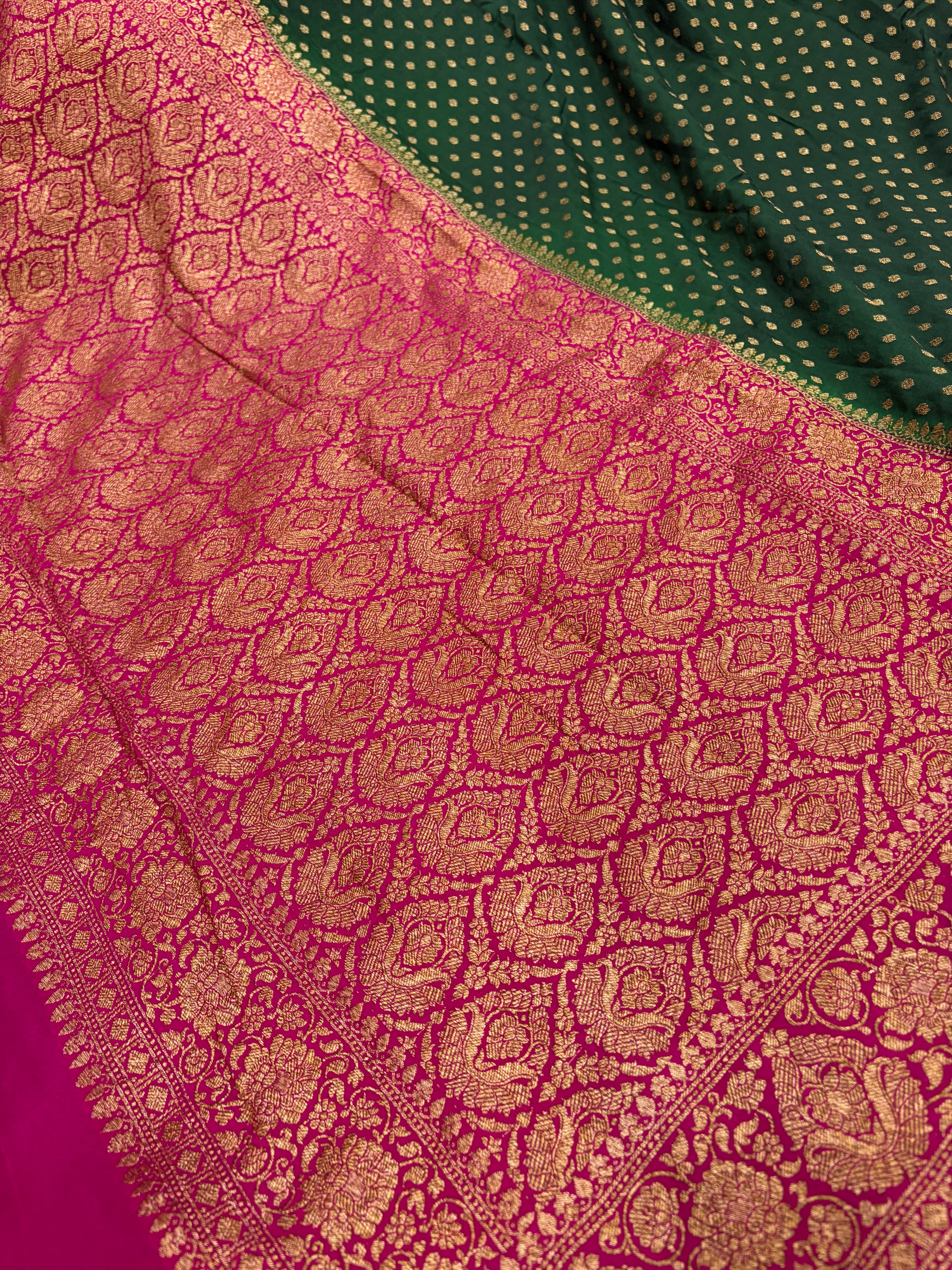 Pure khaddi crepe silk saree in bottle green with rani colour