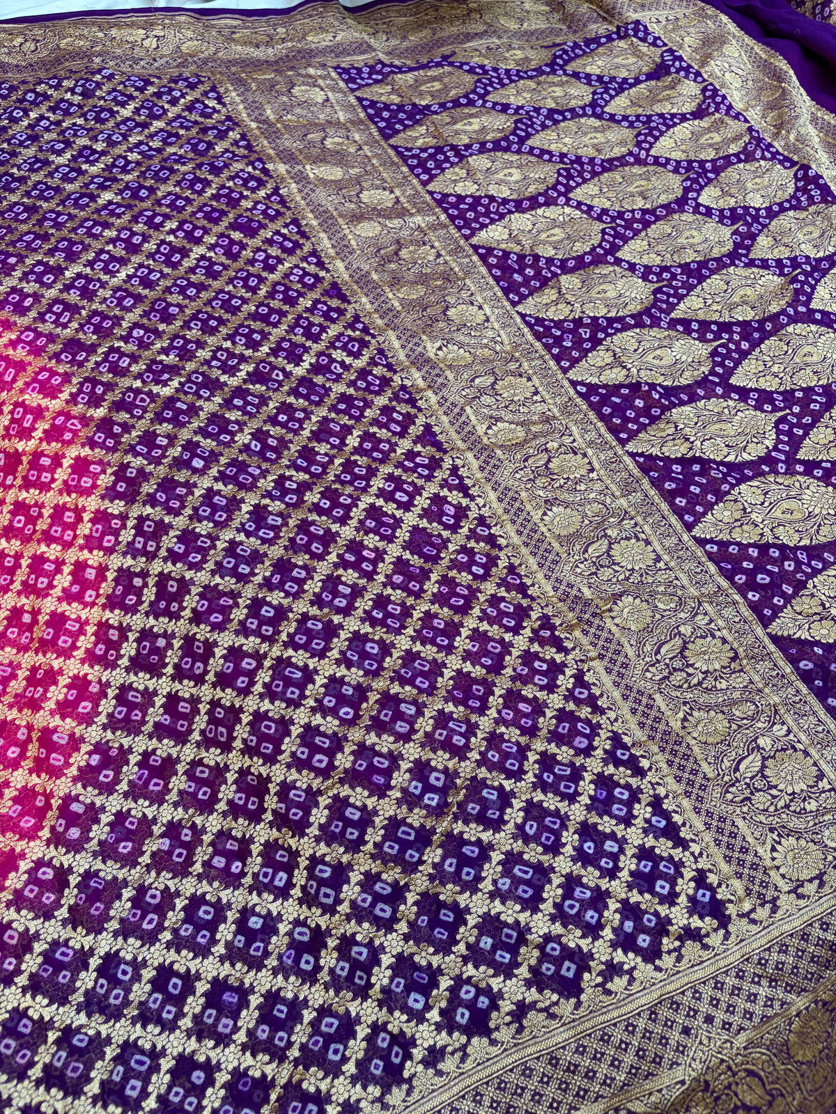 Pure Georgette Bandhani Zari Banarasi Border Saree