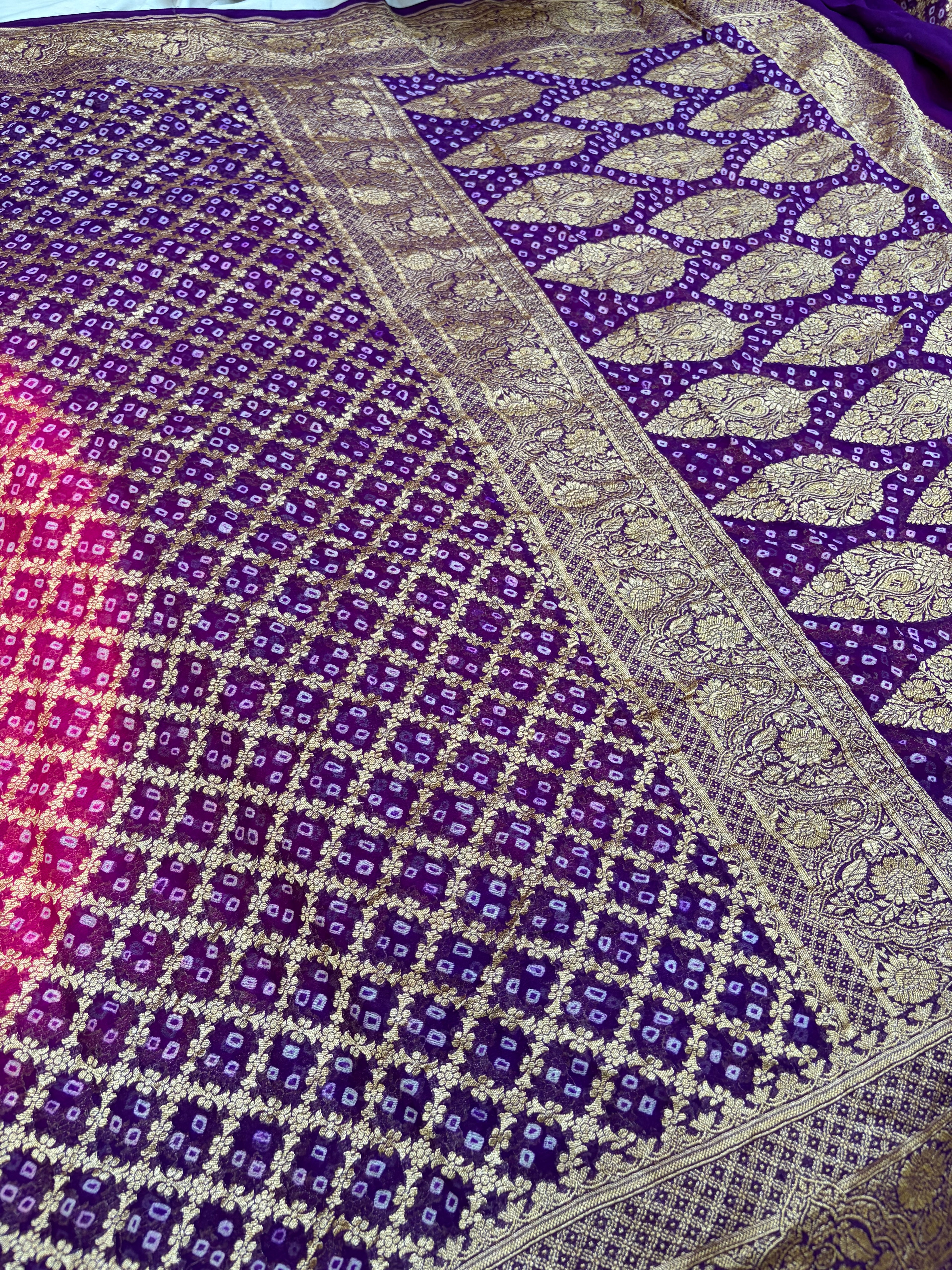 Pure Georgette Bandhani Zari Banarasi Border Saree