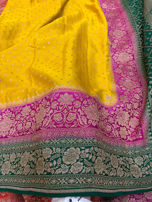 Pure khaddi crepe silk saree with 3D border in yellow Rani & bottle green colour combination