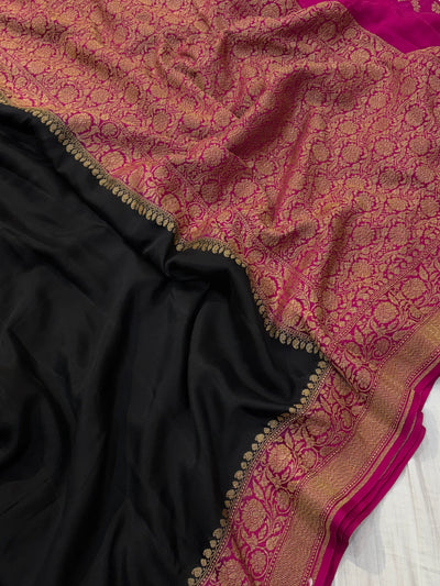 Pure khaddi crepe silk saree in black and Rani combination with pure antic zari work